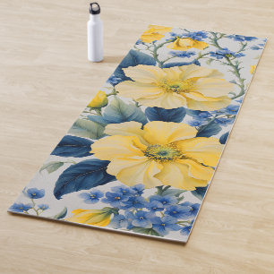 Tapete De Yoga Belos Flores Amarelo e Azul