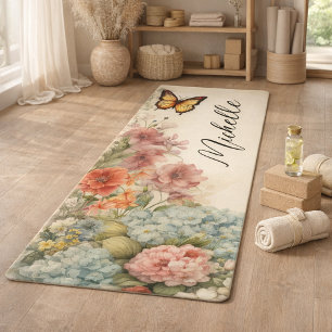 Tapete De Yoga Belos Flores Vintage e Borboleta