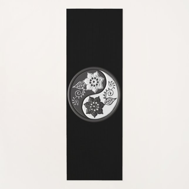 Tapete De Yoga Black and Silver Floral Yin Yang (Frente)