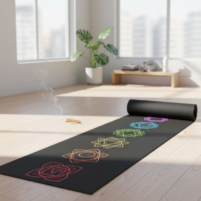 Tapete De Yoga Black Yoga Mat with Colorful Chakras (Criador carregado)