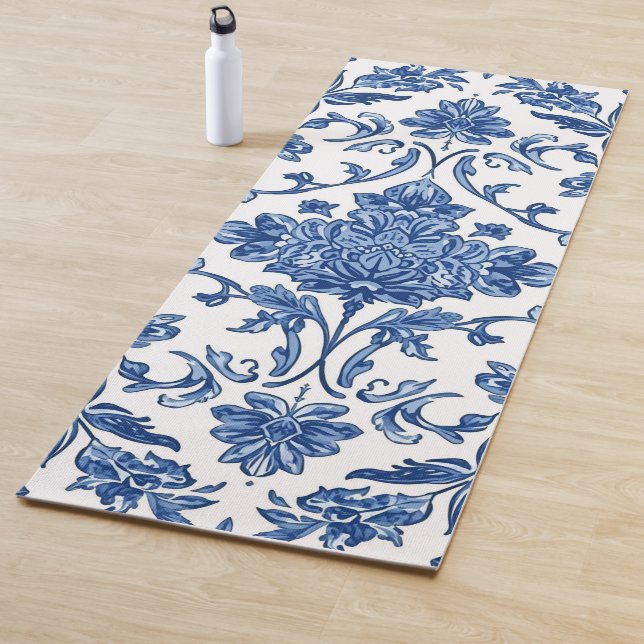 Tapete De Yoga Blue Floral Chinoiserie White Watercolor (In Situ)