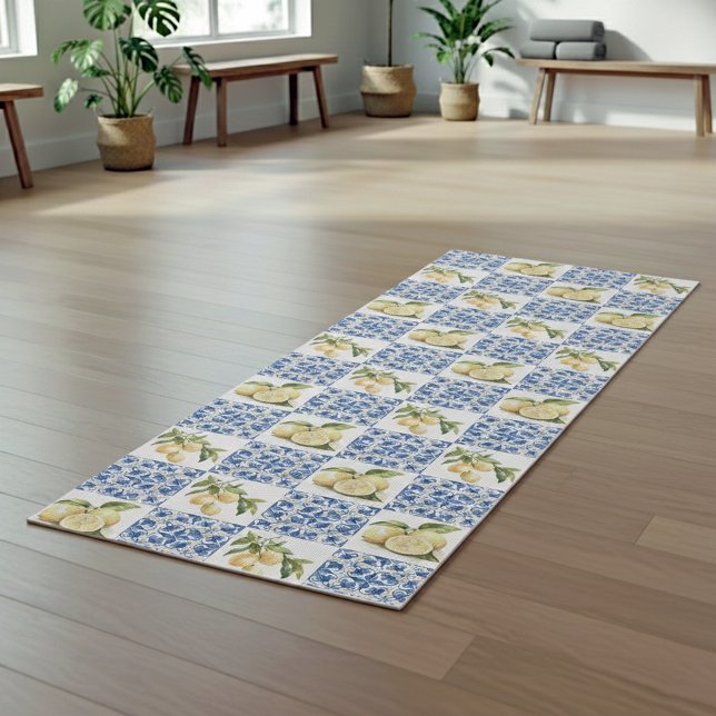 Tapete De Yoga Blue Tile French Country Lemon Pattern (Criador carregado)