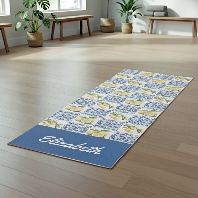 Tapete De Yoga Blue Tile French Country Lemon Pattern Name (Criador carregado)