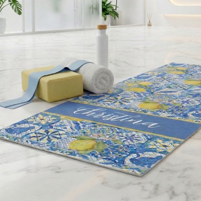 Tapete De Yoga Blue Tile French Country Lemon Pattern Provencal (Criador carregado)
