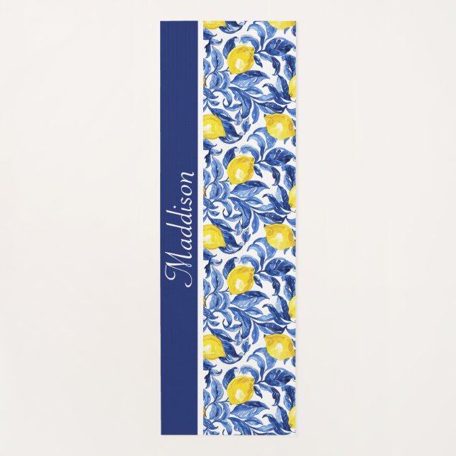 Tapete De Yoga Blue Watercolor Lemon Pattern Monogram Name (Frente)