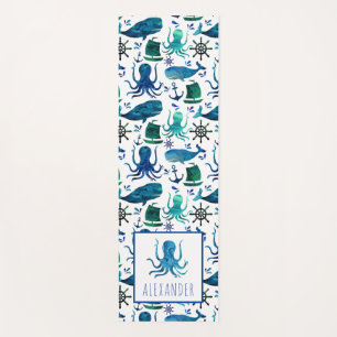Tapete De Yoga Blue Watercolor Sob As Crianças De Octopus Marítim