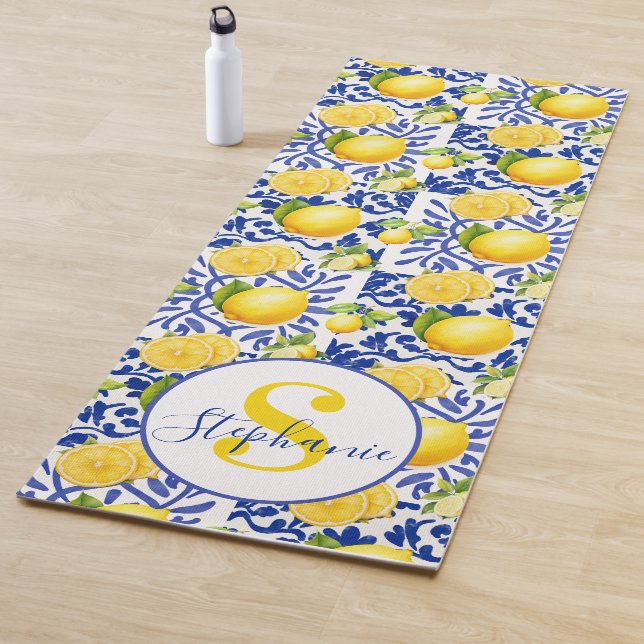 Tapete De Yoga Blue White Lemon Tile Pattern Name Monogram Citrus (In Situ)