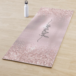 Tapete De Yoga Blush Brilho Rosa Dourado Monograma Metálico Scrip