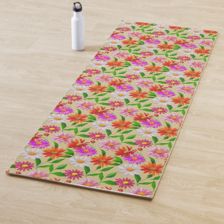 Tapete De Yoga Boho Chic Multicolor Flowers with Leaves on Beige