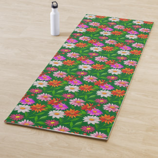 Tapete De Yoga Boho Chic Multicolor Flowers with Leaves on Green