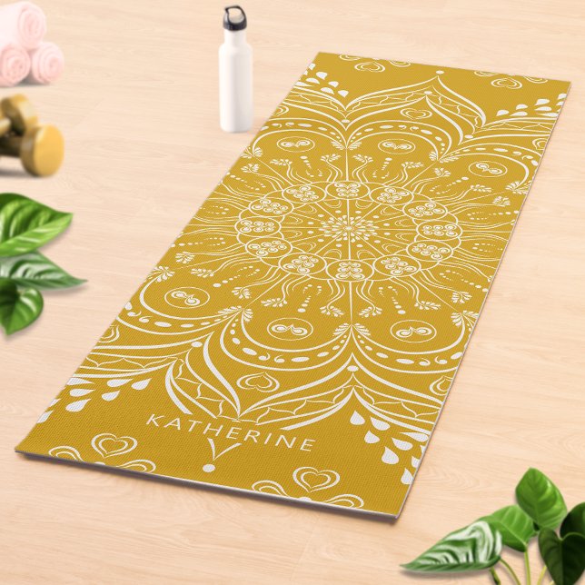 Tapete De Yoga Boho Mandala Linda Mostarda Monograma Amarelo (Criador carregado)