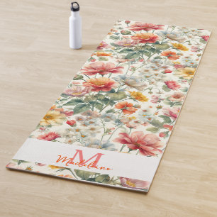 Tapete De Yoga Bonito Floral Laranja Coral Cor-de-rosa Nome Monog
