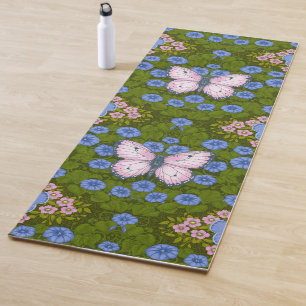 Tapete De Yoga Borboletas e flores simetria, azul e rosa