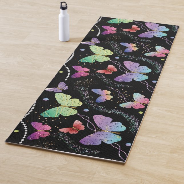 Tapete De Yoga Borboletas Roxas e Azuis Brilhantes