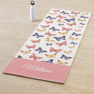 Tapete De Yoga Borboletas Roxas Rosa Nome Personalizado