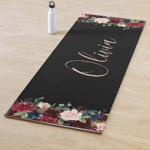 Tapete De Yoga Burgundy Floral Watercolor Nome Elegante Moderno