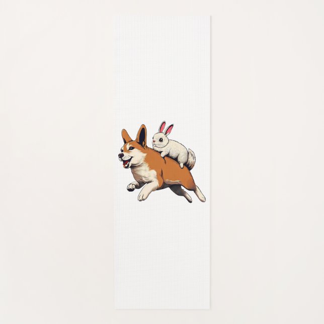Tapete De Yoga Cachorro Shiba Inu e Coelho - Design Reproduzindo  (Frente)