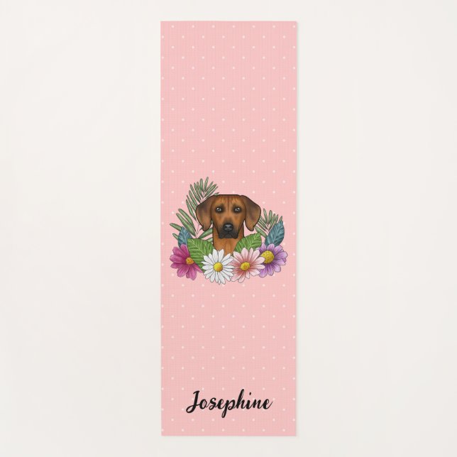 Tapete De Yoga Cão Ridgeback da Rodésia com Flores e Nome Rosa (Frente)