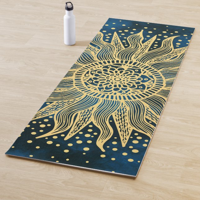 Tapete De Yoga Celestial Blue Dourado Mandala Sun (In Situ)
