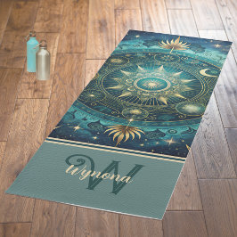 Tapete De Yoga Celestial Mandala Moon Galaxy Teal Monograma Doura