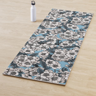 Tapete De Yoga Cereja floresce em branco e azul
