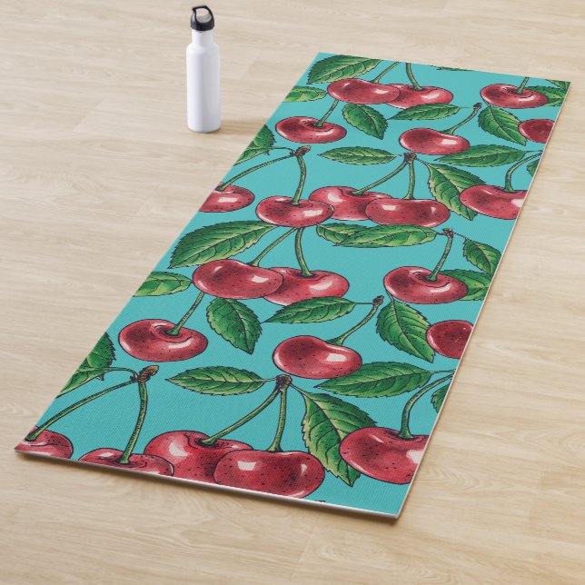 Tapete De Yoga Cerejas vermelhas em turquesa (In Situ)