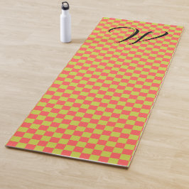 Tapete De Yoga Checkboard Verde Amarelo e Rosa claro Monograma