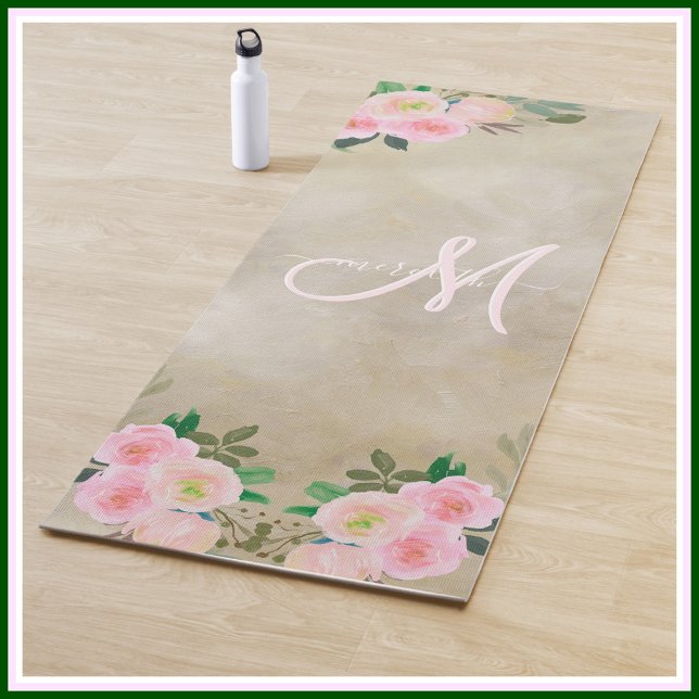 Tapete De Yoga Chic Cream Floral Personalizado Monograma (Criador carregado)
