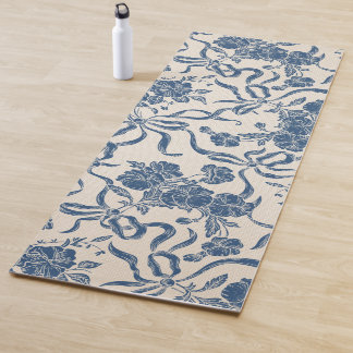 Tapete De Yoga Chic Modern Vintage Marinho de Marfim Padrão Flora