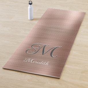 Tapete De Yoga Chic Monograma Personalizado Rosa Script Metálico