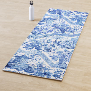 Tapete De Yoga Chinoiserie Azul e Branca Elegante