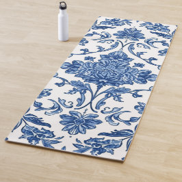 Tapete De Yoga Chinoiserie Floral Azul em Aquarela Branca