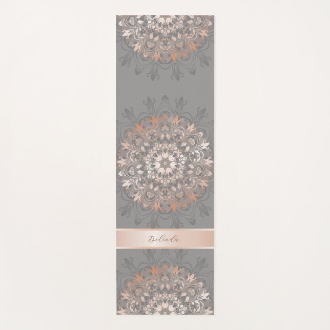 Tapete De Yoga Cinza Dourada rosa Floral Mandala Monograma (Frente)