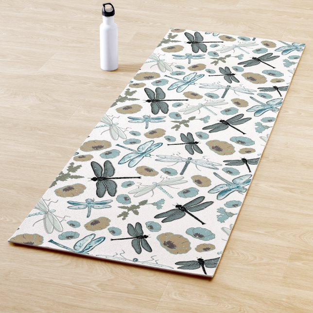 Tapete De Yoga Cinza-Dragonfly Na moda Chic Flores Blues (Chic Stylish Dragonfly Flowers Blues Gray Yoga Mat from Jenn's Emporium. )