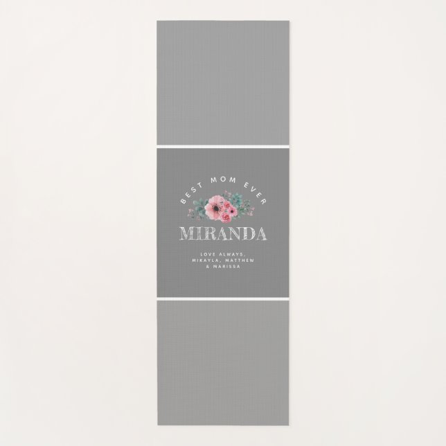 Tapete De Yoga Cinza e Monograma Rosa Melhor Mãe Já Personalizada (Frente)
