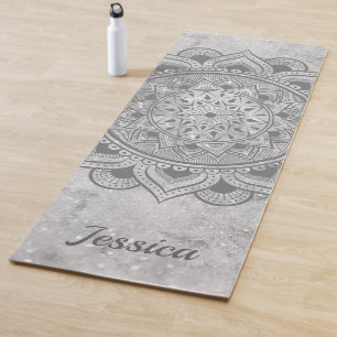 Tapete De Yoga Cinza Marble Mandala Om Exercício