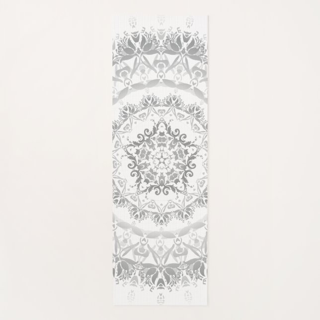 Tapete De Yoga Cinza White Floral Damask Mandala (Frente)