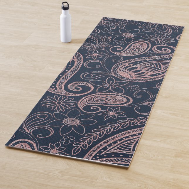 Tapete De Yoga Clássica Rosa azul Dourada com brilho Paisley Flor