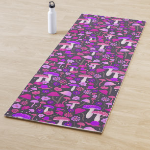 Tapete De Yoga Cogumelos Florais Diversos Rosa, Roxo e Preto