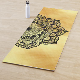 Tapete de Yoga com Mandala Preta em Fundo Dourado