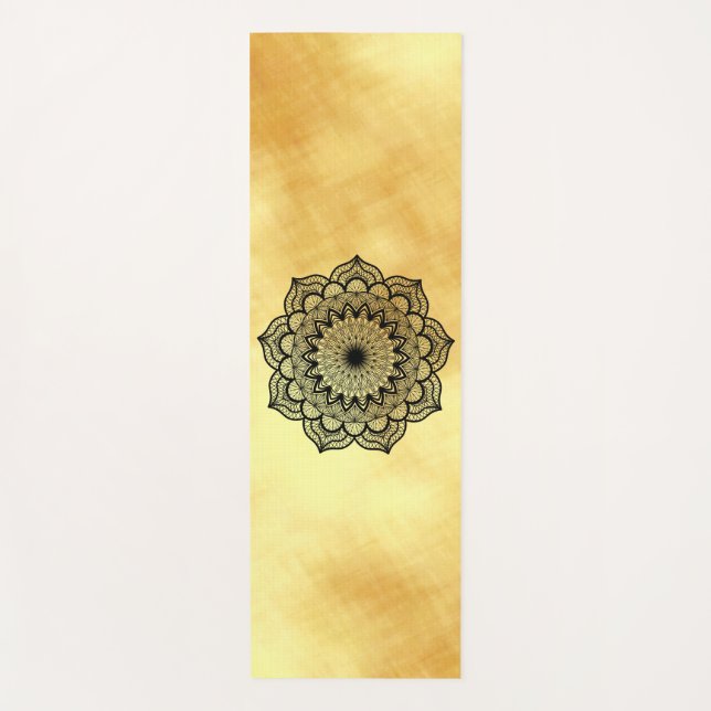 Tapete de Yoga com Mandala Preta em Fundo Dourado  (Frente)