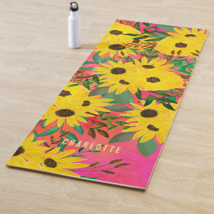 Tapete De Yoga Cor da Água Pano Floral de Girassol Rosa + Nome