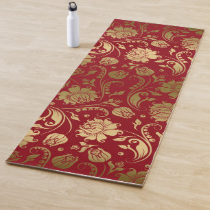 Tapete De Yoga Cor damasco Floral Vermelho Dourado e Escuro