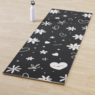 Tapete De Yoga Coração floral preto e branco moderno desenho anim