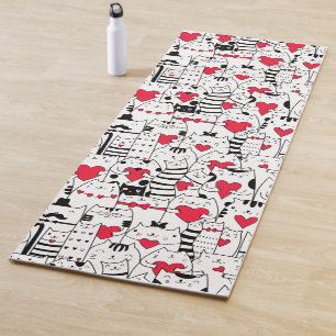 Tapete De Yoga Coração Vermelho de Gato Branco Preto