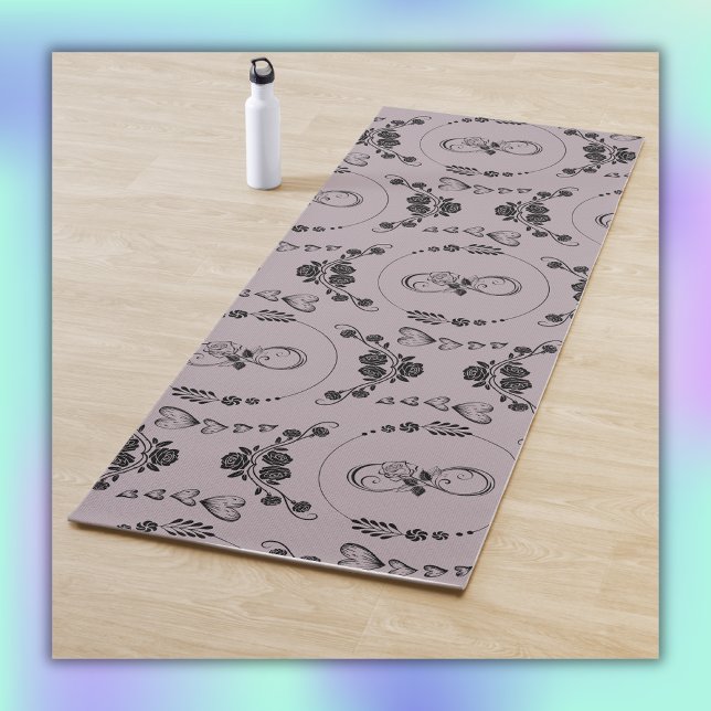 Tapete De Yoga Corações Negros Simples, Floral, Infinito em Mauve (Criador carregado)