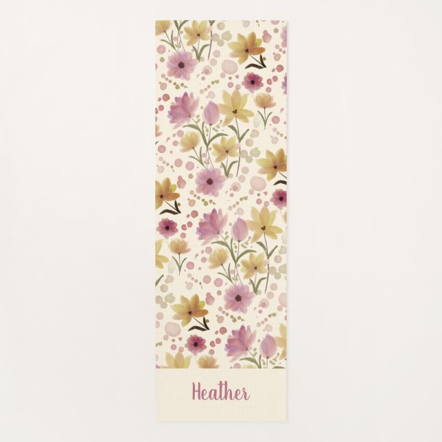 Tapete De Yoga Cream Plum Wildflower Watercolor Monogram Name (Frente)