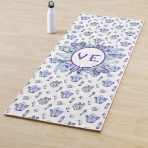 Tapete De Yoga Cristais em Azul Roxo e Verde