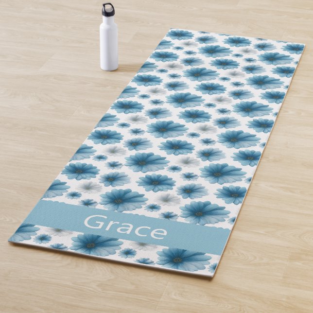 Tapete De Yoga Custom Blue White Daisy Floral Pattern (In Situ)