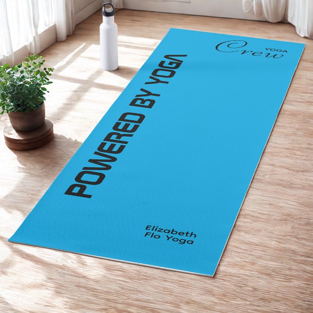 Tapete De Yoga Custom Print Yoga Crew Azure Blue (Blue yoga mat on studio floor.)